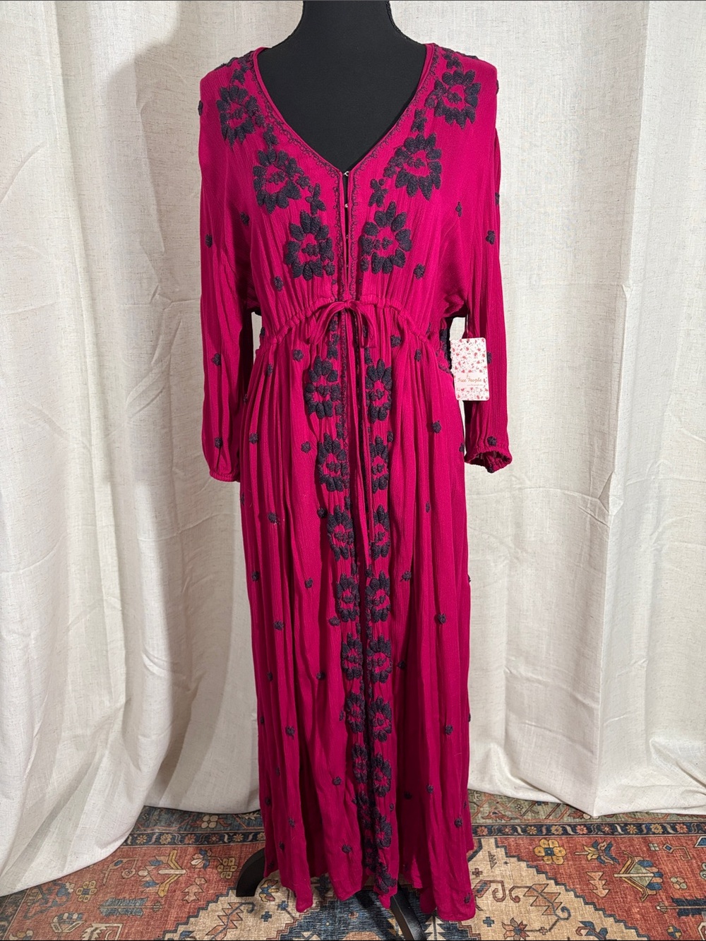 Free People Fable Boho Maxi Dress in Mystic Magenta with Black Floral Embroidery